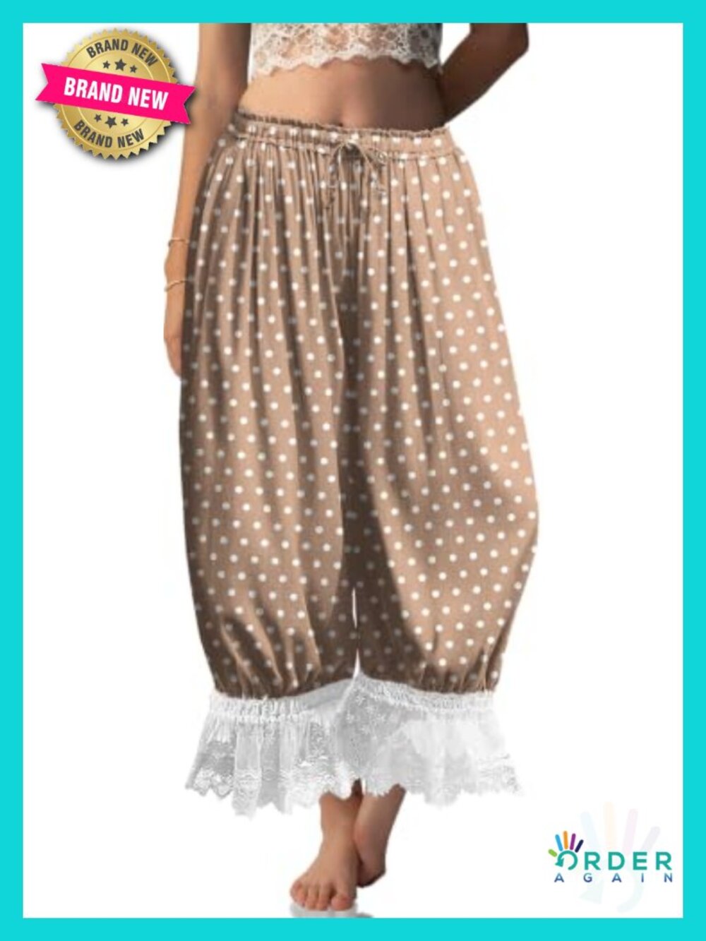 Linen Lace Trim Long Bloomers Pants with Pocket